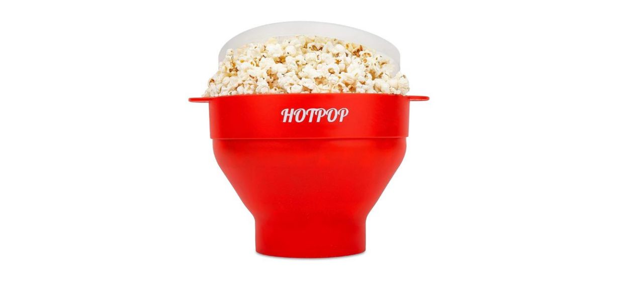 The Original Hotpop Microwave Popcorn Popper in red with popcorn in it The Original Hotpop Microwave Popcorn Popper in red with popcorn in it