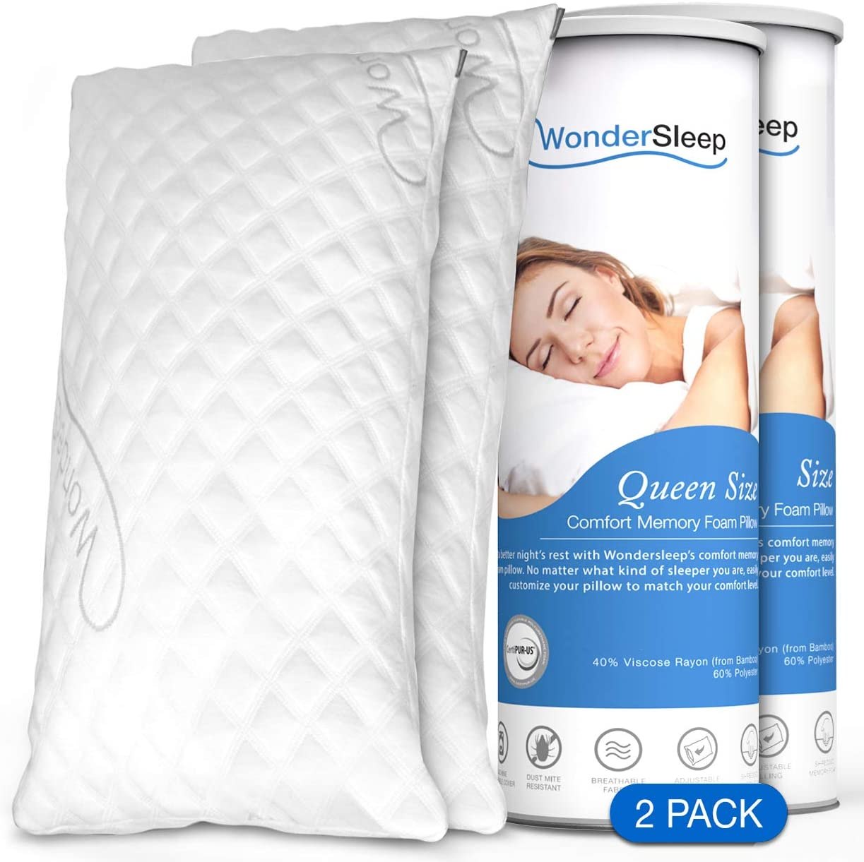 WonderSleep Premium Shredded Memory Foam Pillow, 2 pack
